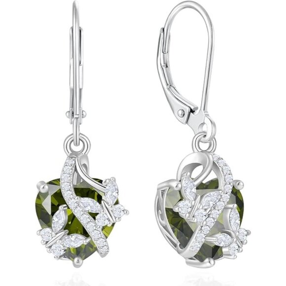 Peridot-Aug Butterfly 925 Sterling Silver Heart Earrings Birthstone